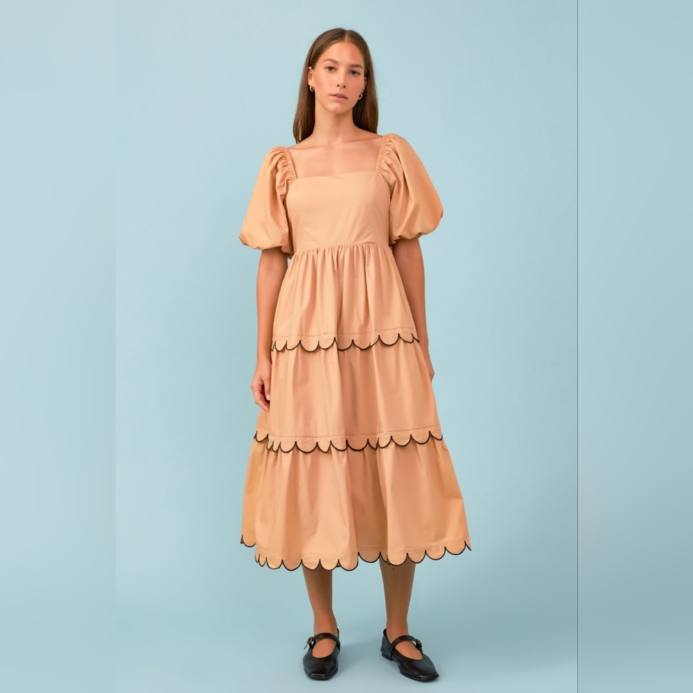 NWT - English Factory - Cotton Scallop Tan Colorblock Midi Dress - Size M